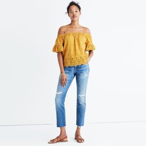 Madewell Mustard Off-Shoulder Eyelet Flutter Top